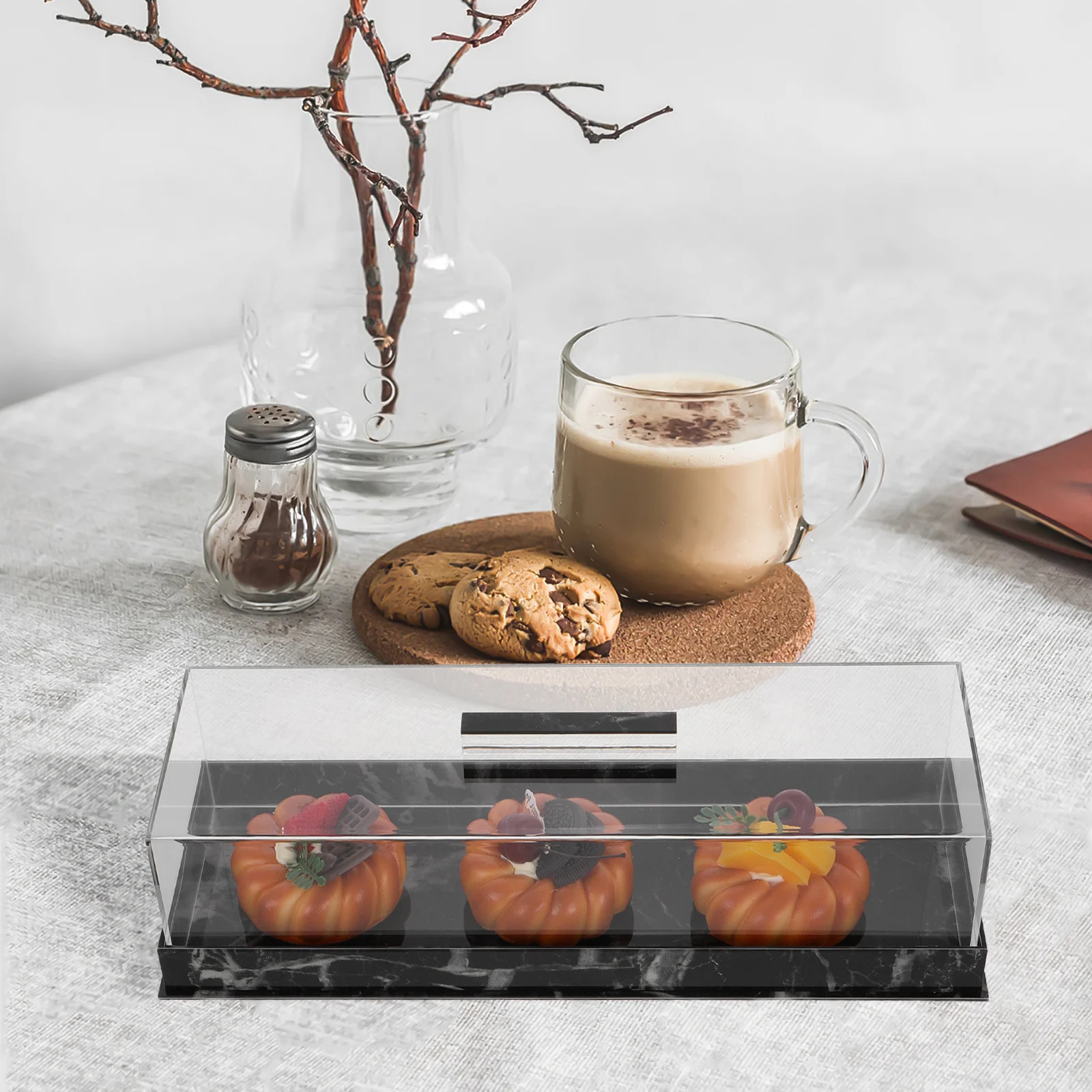 Tapa de plato de pastel Rectangular, estuche de exposición de pastelería con patrón de mármol acrílico transparente, soporte para postre, bandeja para servir pasteles