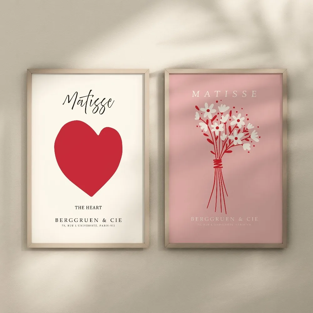 2 قطعة بدون إطار ، لوحة ماتيس هارت آرت ديكو ، باقة وردية جدار الفن ، ديكور غرفة جمالية حديثة ، ديكور جدار تجريدي #1