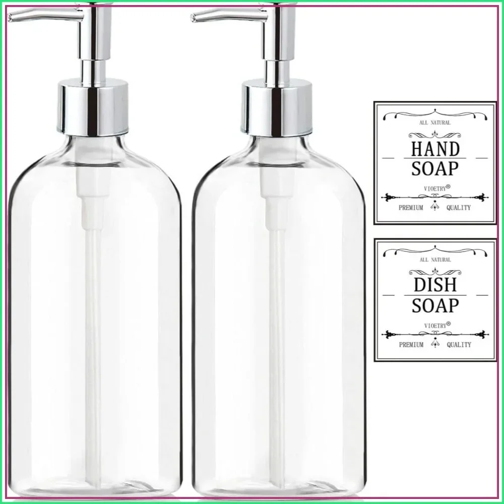 Clear Soap Dispenser with Rust Proof Pump, Waterproof Labels, 2 Pack 16 Oz, Plastic Hand Soap Dispenser for Kitchen Bathroom