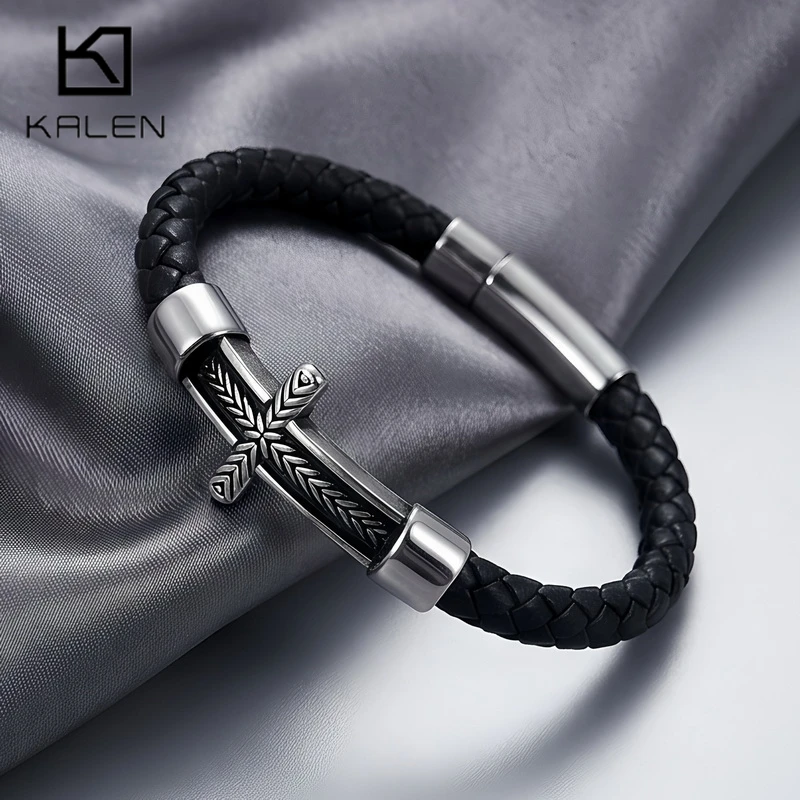 Kalen Vintage Leather Men's Cross Bracelet Punk Wheat Ear Charm Stainless Steel Biker Party Jewelry Rock Accessory Gifts