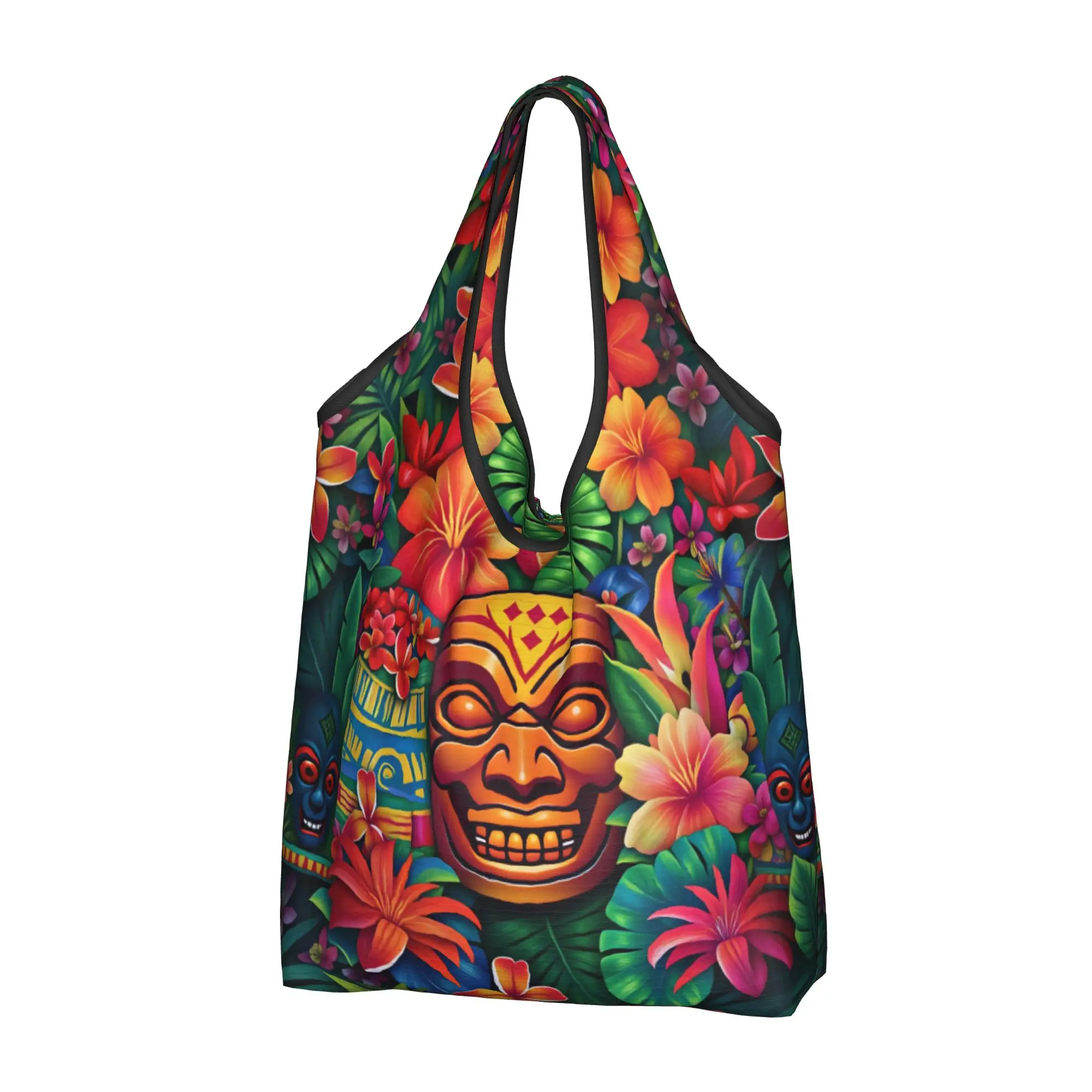 Tiki Mask Tropical Plants And Flowers  Shopping Tote Bags  Custom Hawaiian Style Palm Monstera Shoulder Shopper Bags Handbags