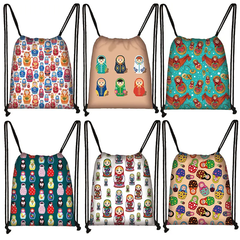 

Russian Cute Dolls Matryoshka Print Backpack Women Drawstring Bags Fashion Storage Bag For Teenager Kawaii Girls Bookbags Gift