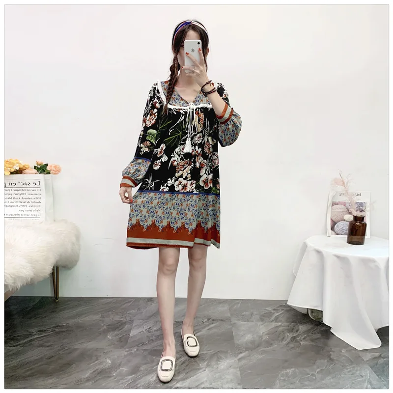 

Summer New Tribal Ethnic Style Doll Neck Printed Color Clash Knee Dress Loose Fit Comfortable Lightweight Breathable