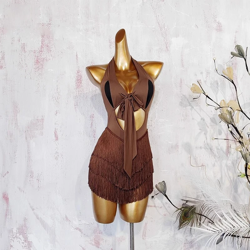 2025, neues Fransen-Latin-Tanzkleid für Damen, Performance, Salsa-Tanzkleidung, ärmellos, Rumba, Chacha, Bühnenkleidung