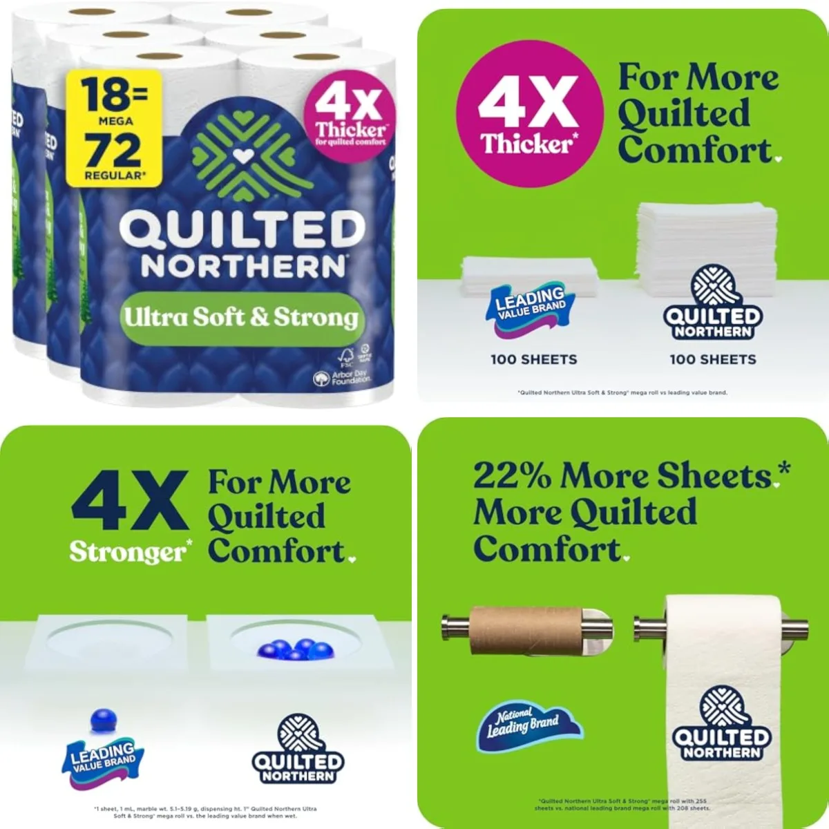 Ultra Soft & Strong Toilet Paper, 18 Mega Rolls = 72 Regular Rolls, 4X Stronger*, Premium Soft Toilet Tissue