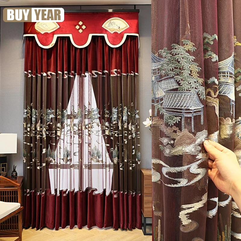New Chinese High-grade Embroidered Window Screen Splicing Wine Red Velvet Curtains for Living Room Bedroom Study French Window
