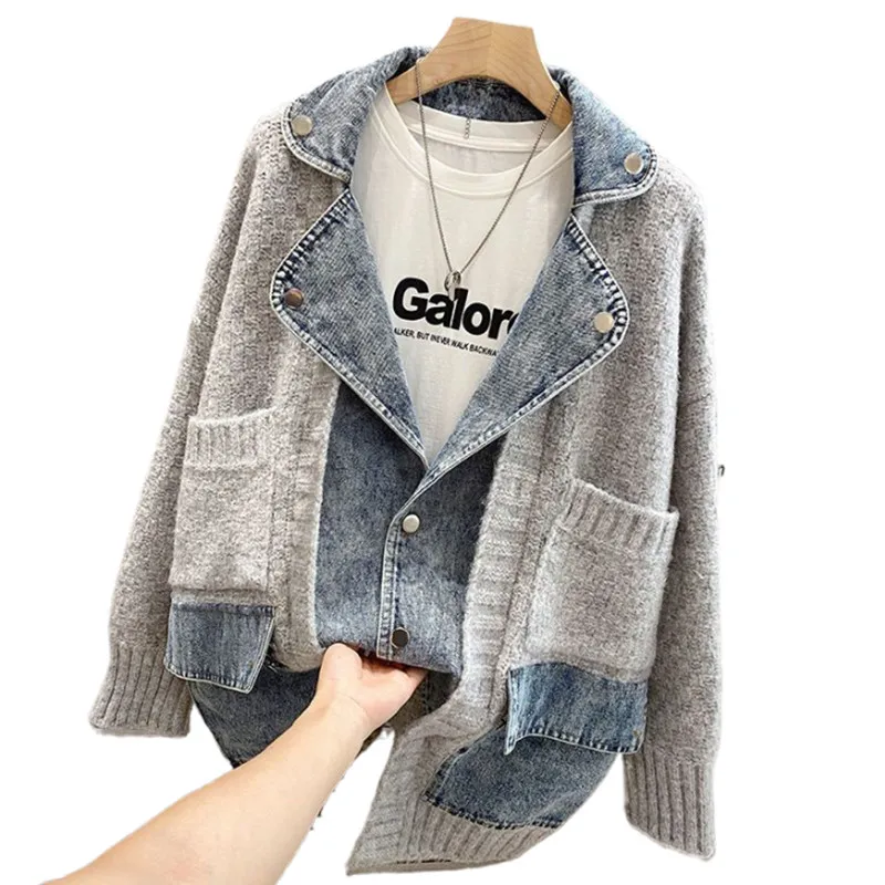 Korean version new spring and autumn personalized retro denim patchwork knitted sweater jacket women's cardigan trend