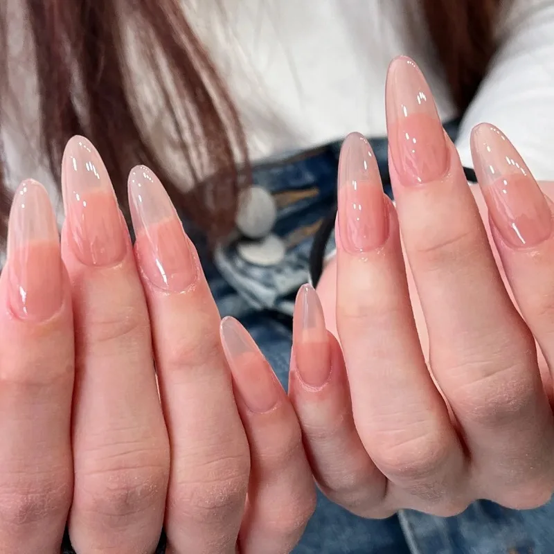 Uñas postizas largas para niña, puntas de almendra francesa, presión sobre Uñas postizas, arte de uñas de Color sólido Simple, Nude, marrón, rosa, 24 piezas por juego