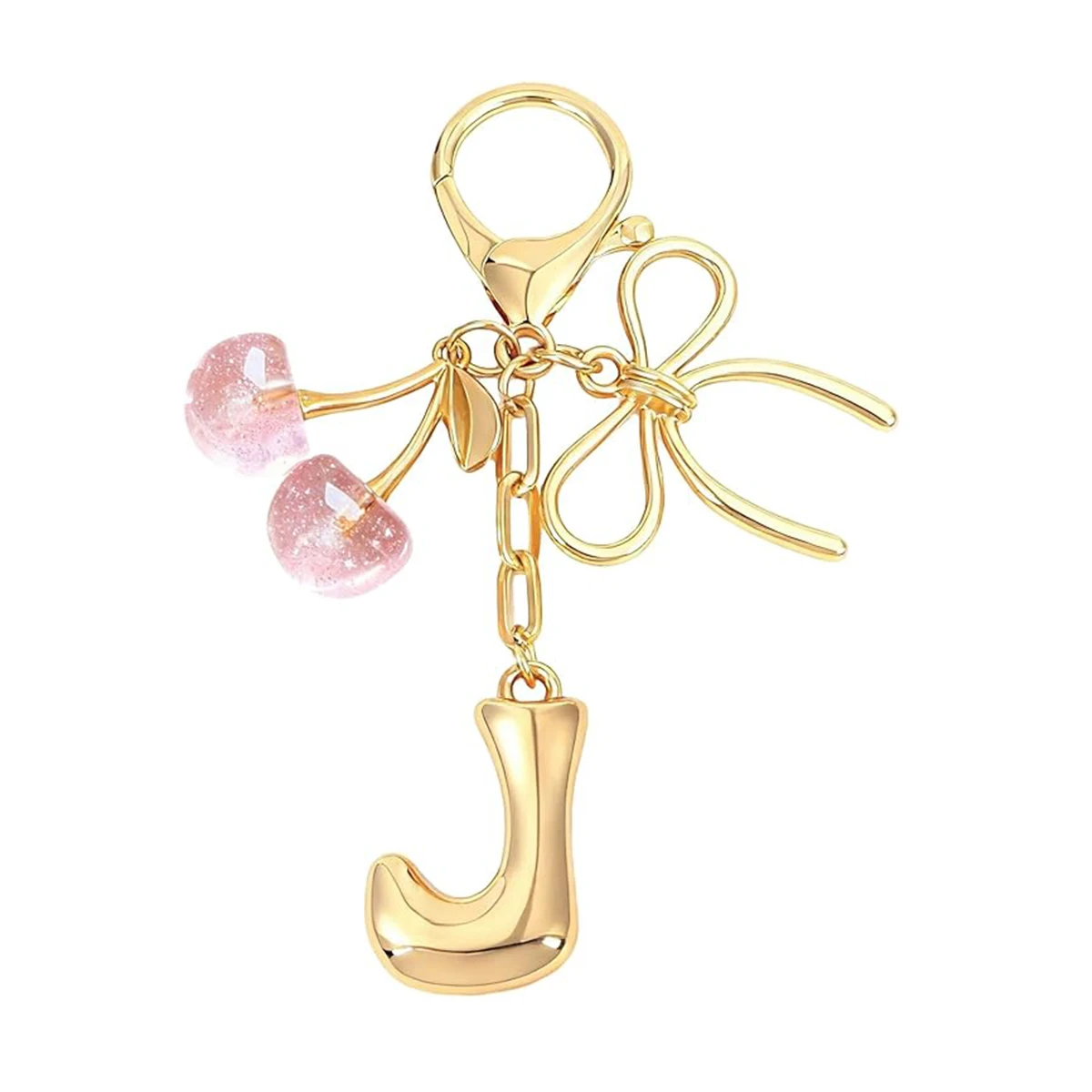 Gold Letter Bubble Initial Keychain with Bow & Cherry, Cute Handbag Accessory