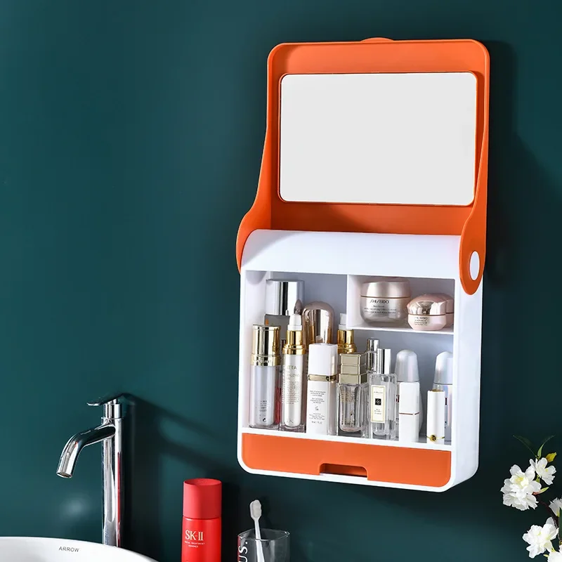 Storage Box With Mirror Cosmetic Storage Box Large Capacity Storage Box Wall Mounted Dresser Lipstick Skin Care Product Rack