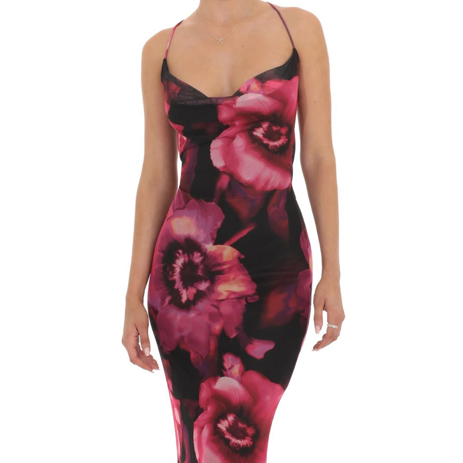 فستان نسائي صيفي بدون ظهر بطبعة زهور بدون أكمام وحزام سباغيتي ورقبة دائرية وظهر متقاطع فستان طويل بقصة ضيقة