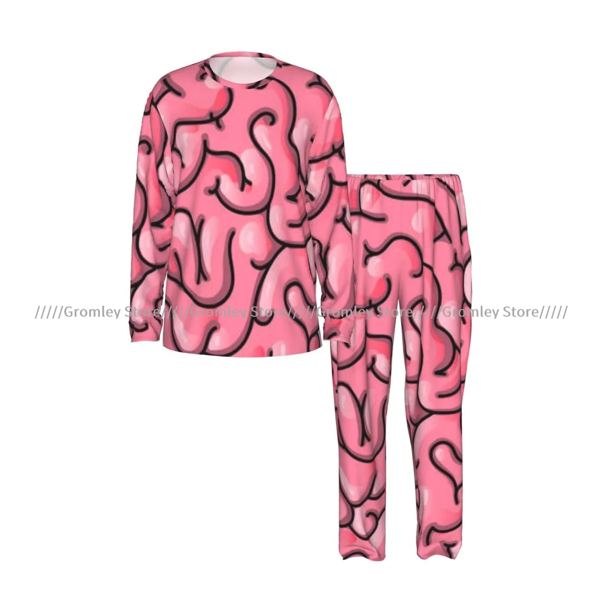Men's Sleepwear Set Pink Brain Pattern Long Sleeve Top and Long Pants Pajamas Male Home Loungewear Nightwear