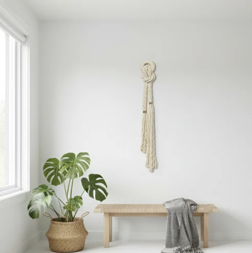 #￥Spiral Knot Pure White Bohemian Vertical Cotton Macrame Wall Hanging for Wedding and Birthday Home Decor