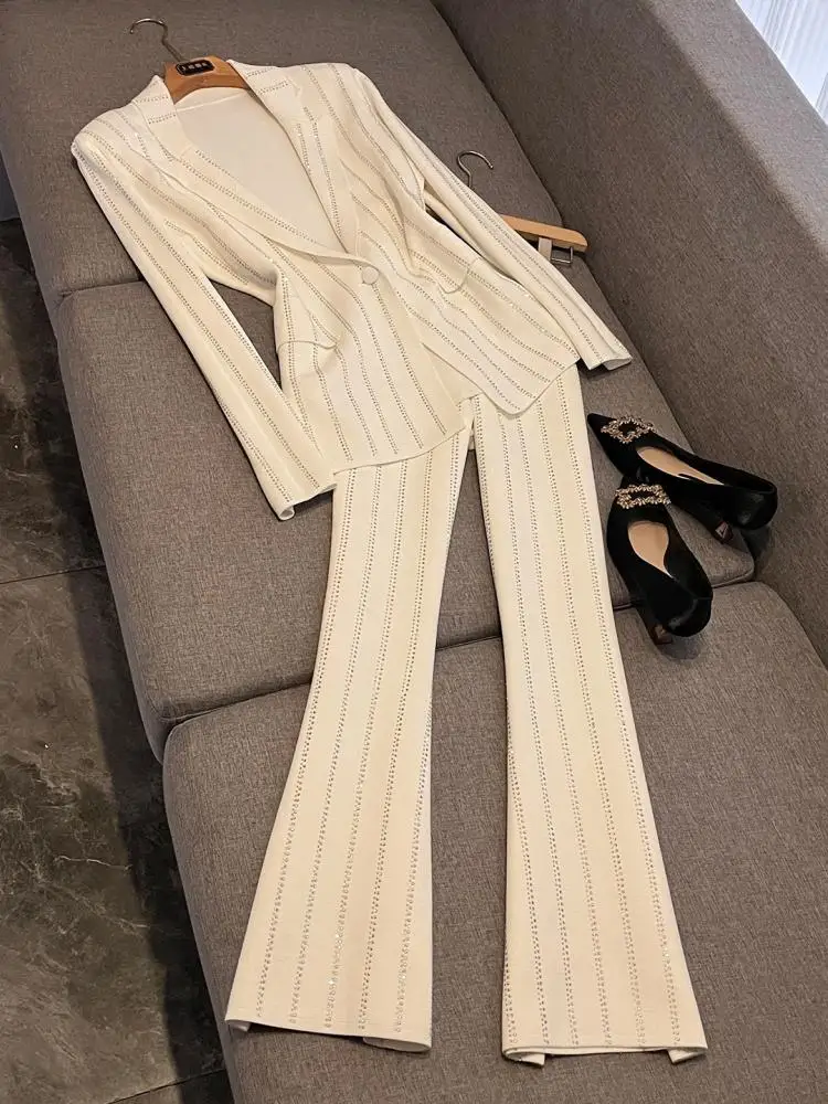 

Fashionable Knitted Set Women's Slim Fit Long Pants Cardigan Spring Trendy Diamond Embellished Lazy Style K128