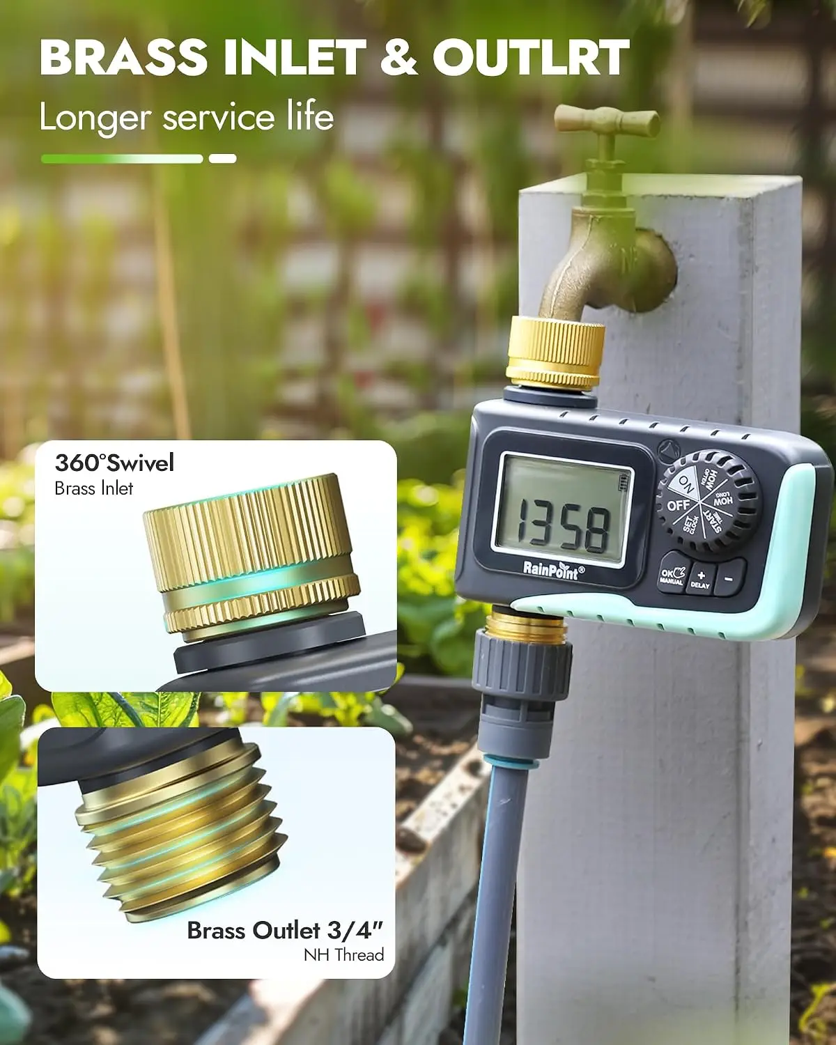 Sprinkler Timer with Brass Inlet & Outlet, Programmable Hose Timer for Garden Soaker Hose with Rain Delay/Manual Watering System