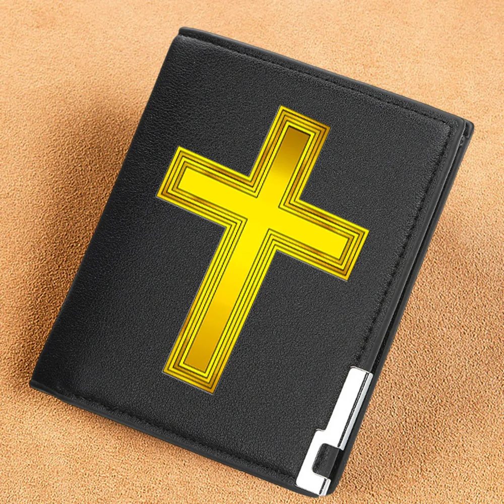 New Church Catholic Christian Cross Jesus Fish Printing Pu Leather Wallet Men Women Billfold Credit Card Holders Short Purses