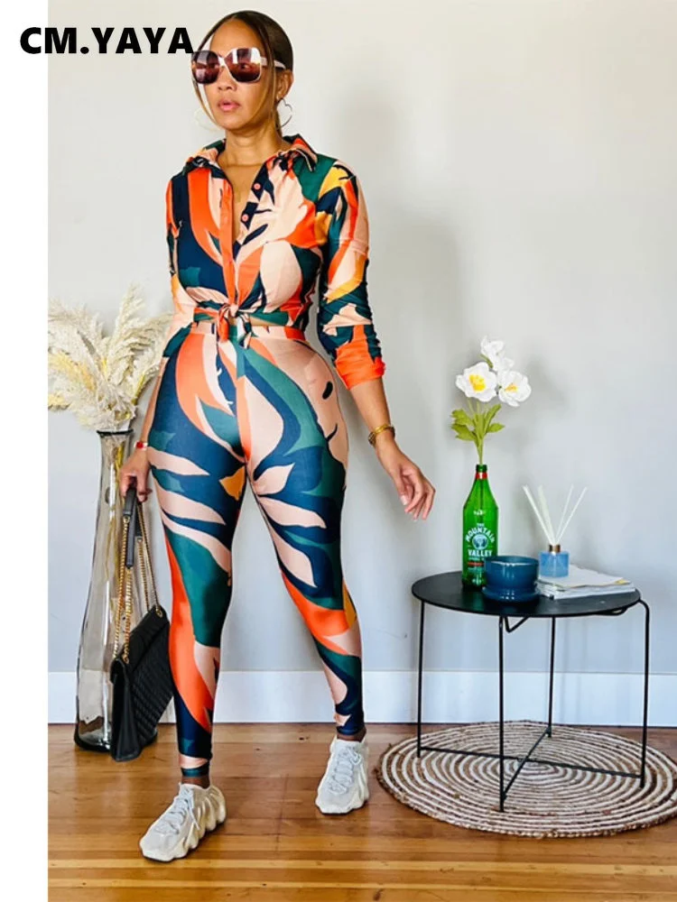 Cm.Yaya Streetwear Leaf Printed Women Legging Pants Suit And Long Sleeve Shirt Fashion Casual Two 2 Piece Set Outfits Tracksuit