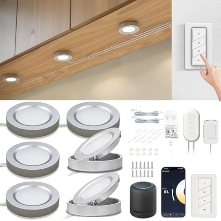 

Smart Under Cabinet Lights Plug In, 6 Pack LED Puck Lights with App and Remote Control, CCT Tunable 2700K-7000K, Compatible wit