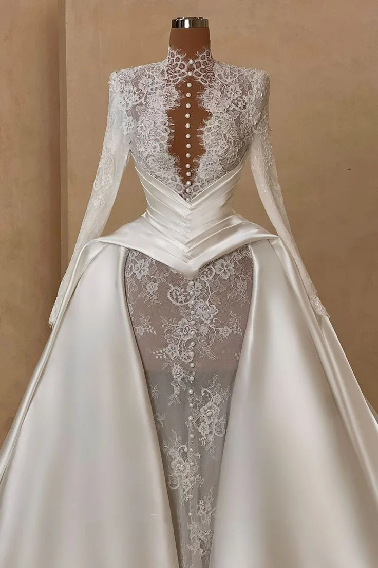 Customized Elegant French Lace 2026 Wedding Dresses High Neck Long Sleeve Beaded With Detachable Tail Bridal Gowns