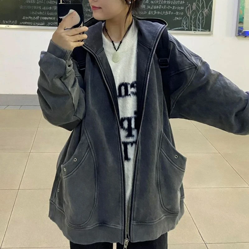 High Street Y2k Jackets Hooded Pockets Zipper Solid Color Long Sleeve Coats Harajuku Vintage Autumn Casual Loose Women Clothing