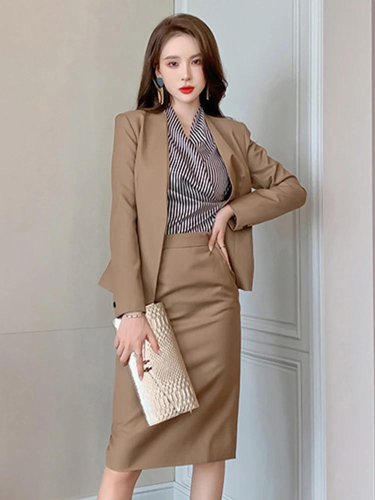 2023 Spring Professional Elegant 2 Pieces Sets Women Khaki Open Stitch Jacket Split Midi Skirt Office Business Formal Lady Suits