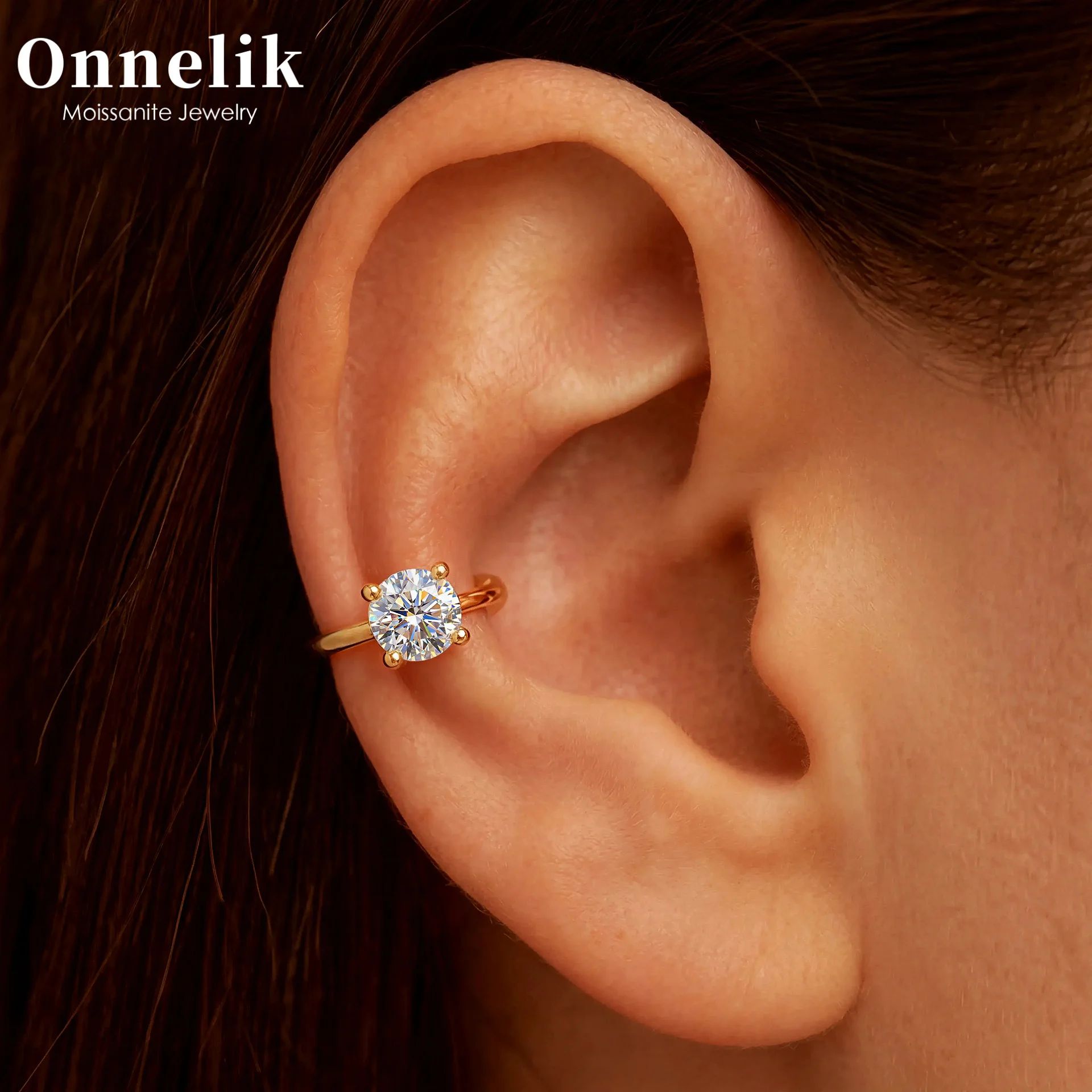 Onnelik 1CT VVS1 Moissanite Clip-On Ear Cuff 18K Gold Plated S925 Sterling Silver Sparkling Light Luxury Jewelry Gift for Women