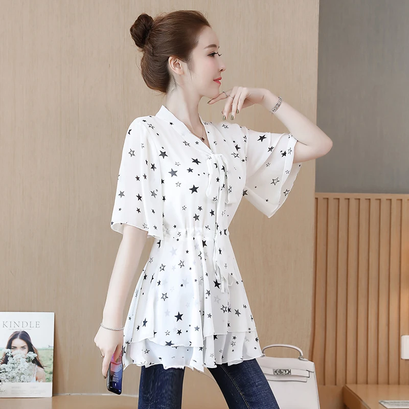 

629 Women Blouses Summer Fashion Office Lady All-Matching Short Trumpet Sleeve V-Neck Slim Fit Print Korean Casual Female Shirt