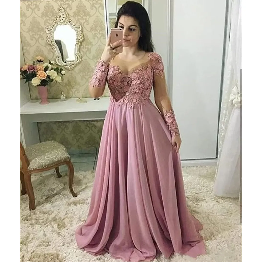 

Light Pink Long Sleeve Prom Dresses Jewel Neck Princess Vintage Robe de Mariage Glitter Beads Lace Gowns Bridal Dress