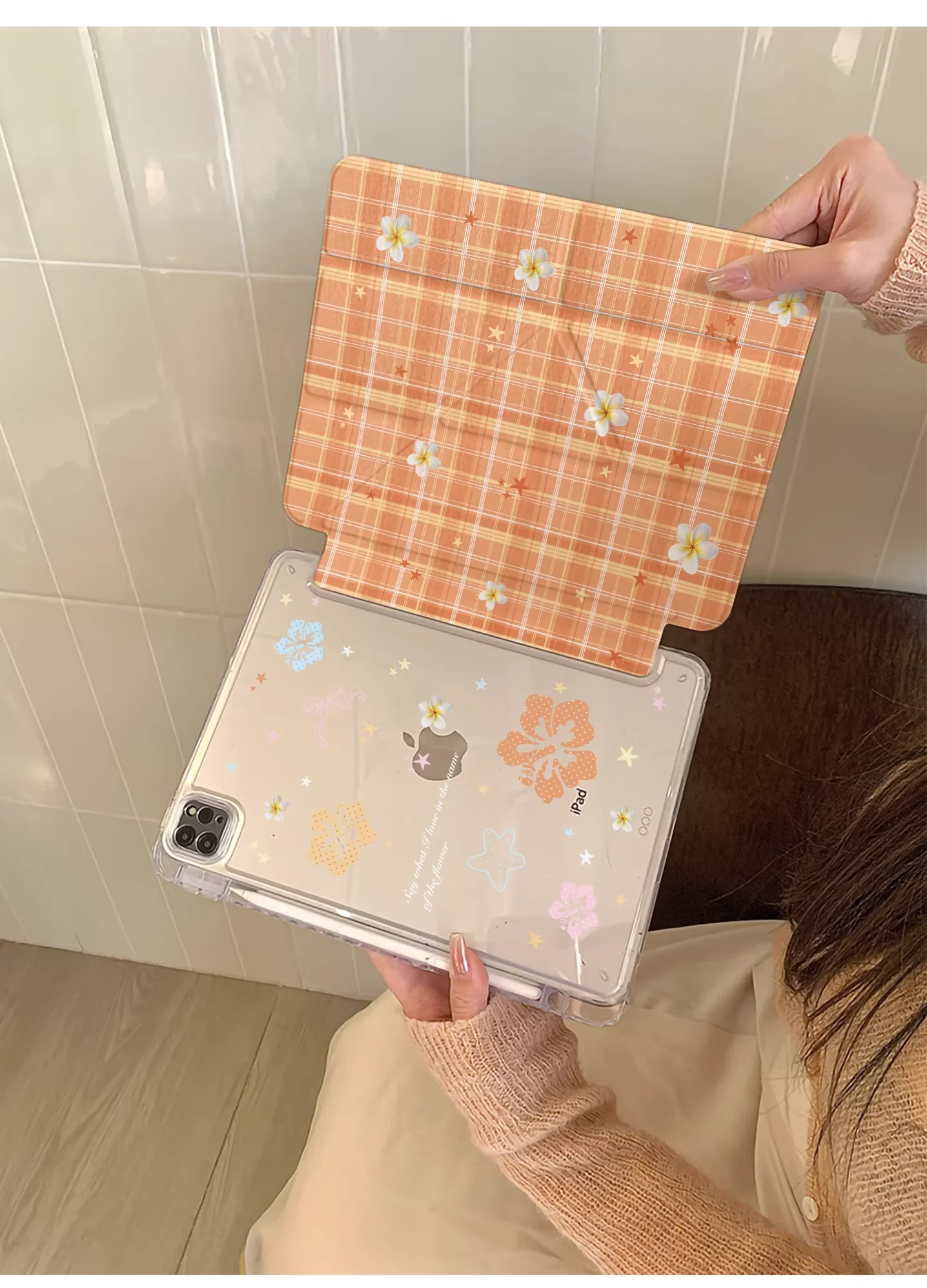 

Чехол-накладка с корейским цветочным узором и отсеком для стилуса для iPhone iPad Mini 4 5 6 7, iPad 5 6 7 8 9 10, Air 1 2 3 4 5 6 7, M2 M3 A16 Pro M4 M5