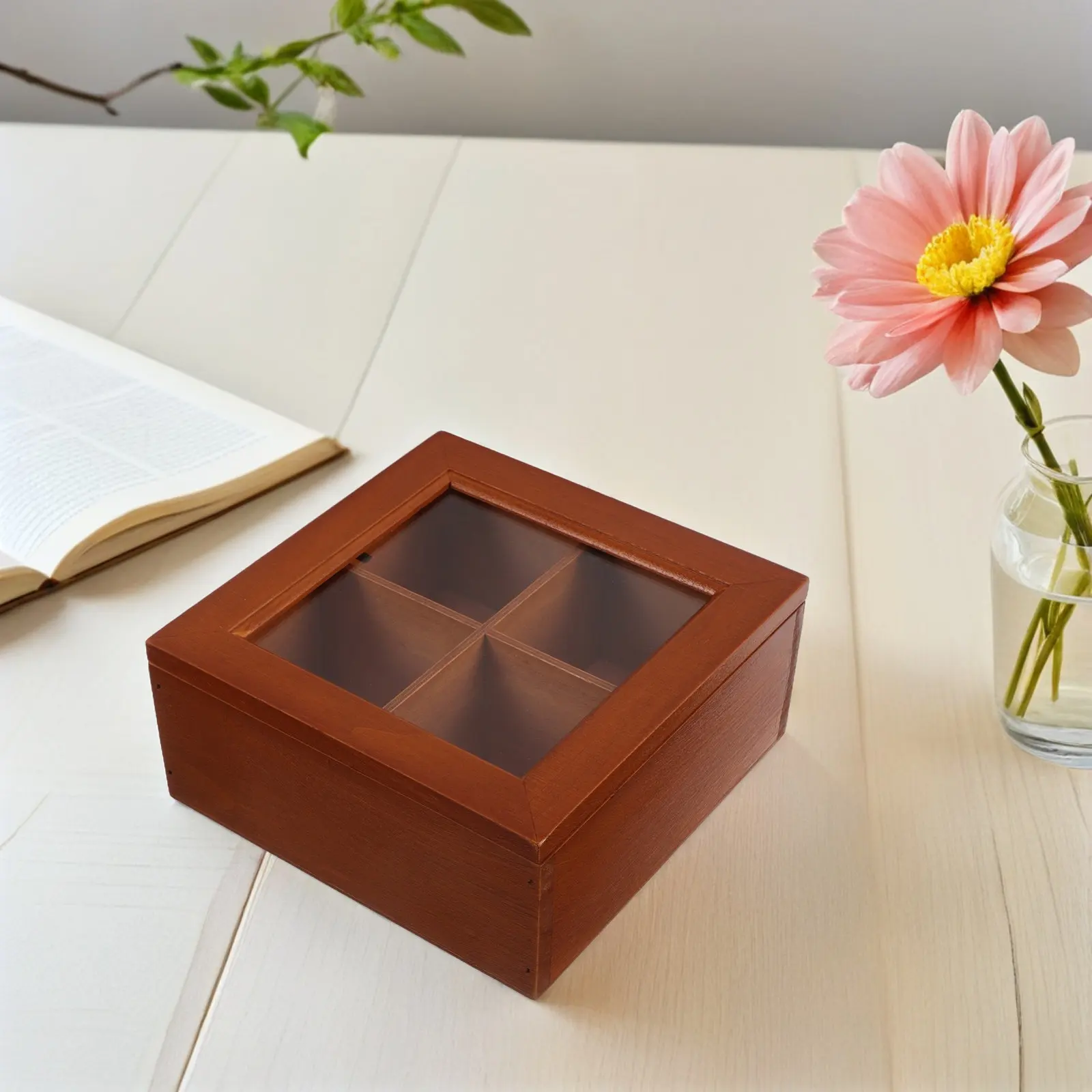 

Vintage Solid Wood Organizer Box Four Compartments Clear Glass Lid Jewelry Trinket Storage Rustic Tea Bag Keeper