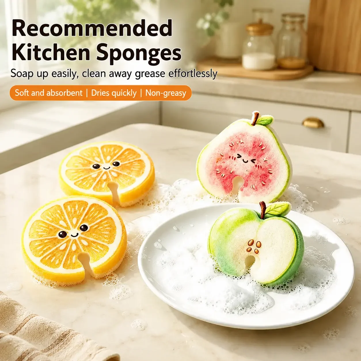 3 Pack Compressed Cellulose Sponges Fruit Shaped Natural Pop Up Dish Sponge for Kitchen Cleaning for Dishes & Household Cleaning