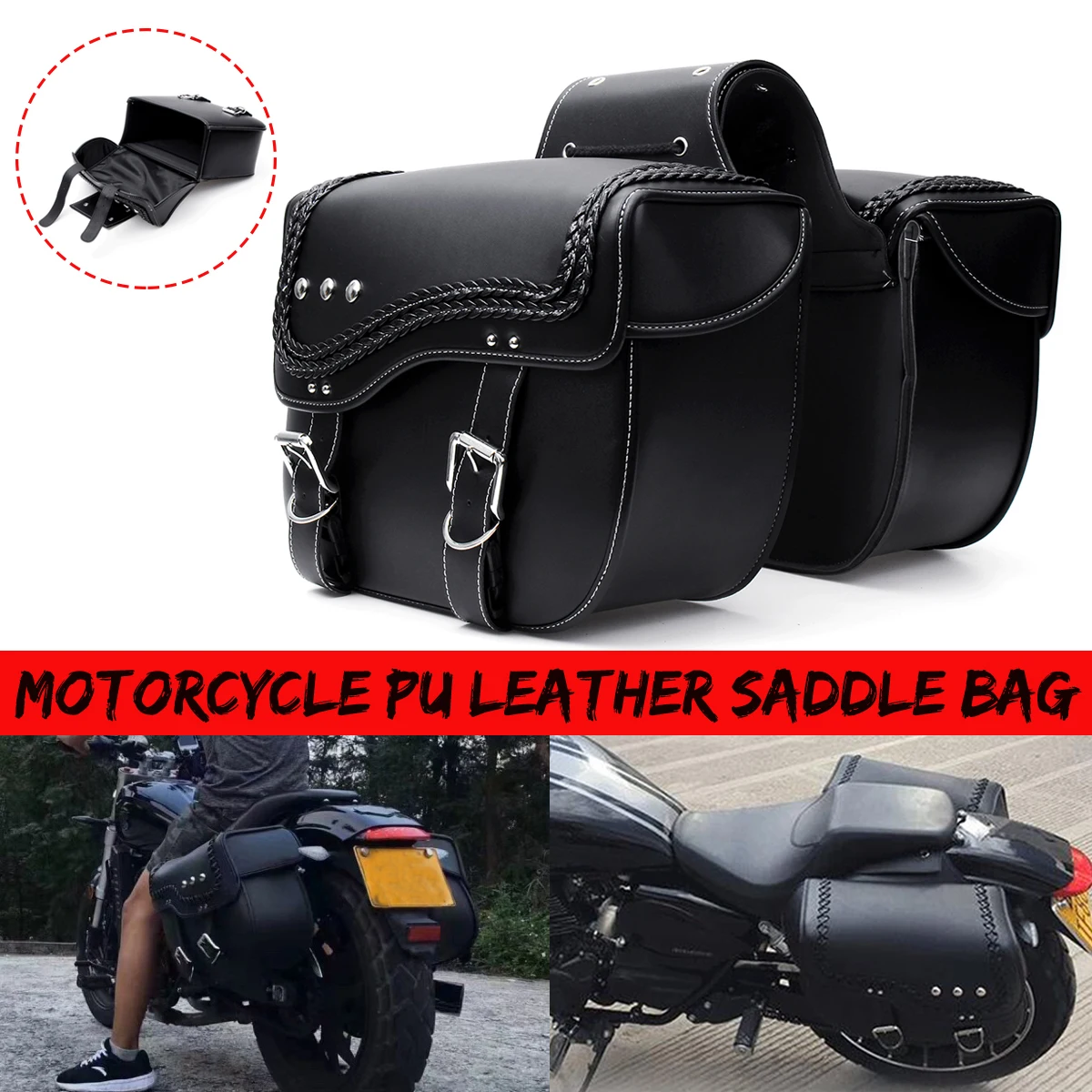 2pcs B54775 Motorcycle Saddlebags  Waterproof Tool Bag Luggage Saddle Bags PU Leather For Motorbike Universal