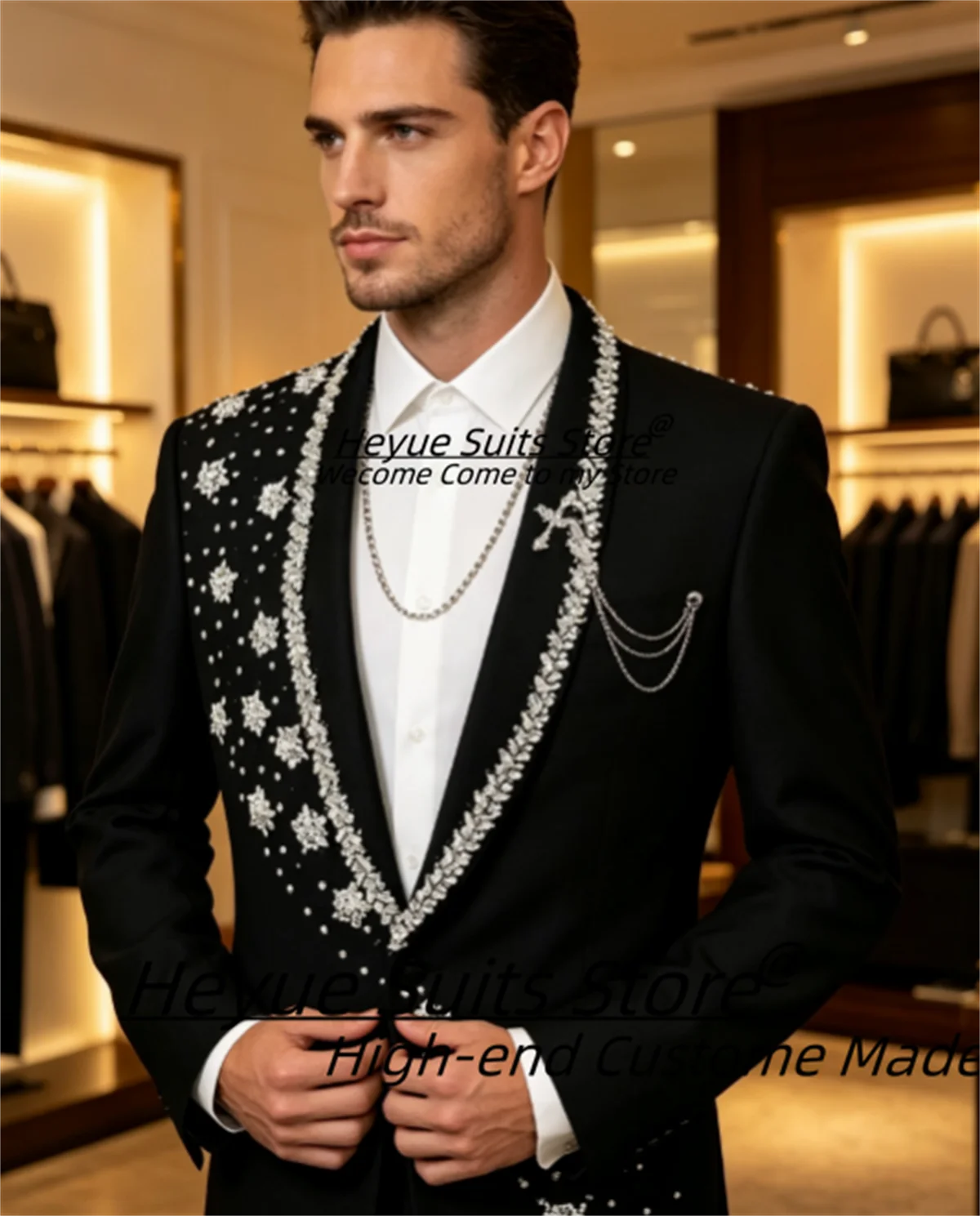 Elegant Black Men Suit High-end Silver Crystal Floral Embroidered Groom Wedding Tuxedo Slim Fit  Shawl Lapel Banquet 2 Pcs Sets