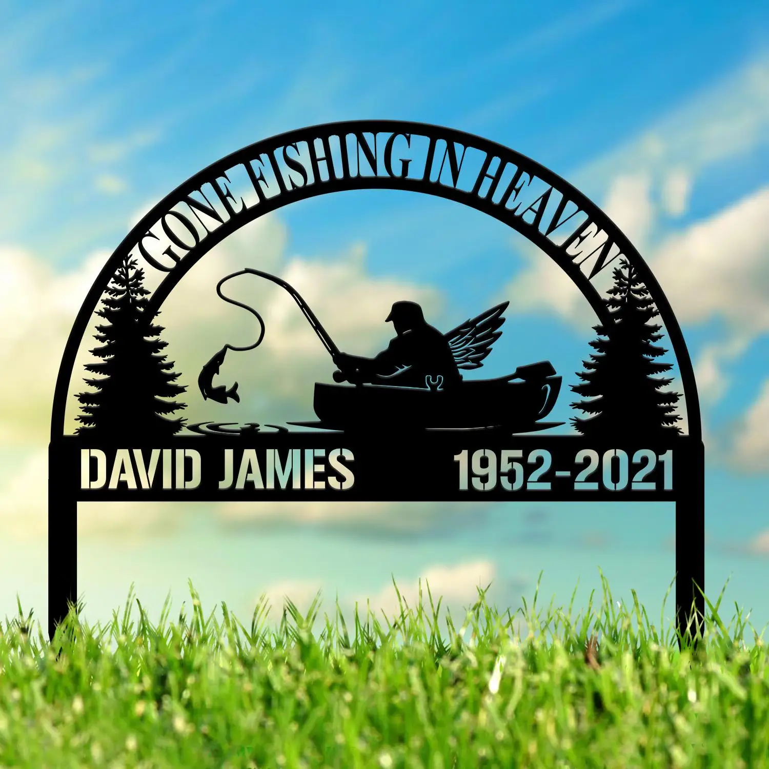 Estaca de placa memorial personalizada para pesca no céu, marcador de sepultura memorial, estaca memorial de pescador para perda de pai
