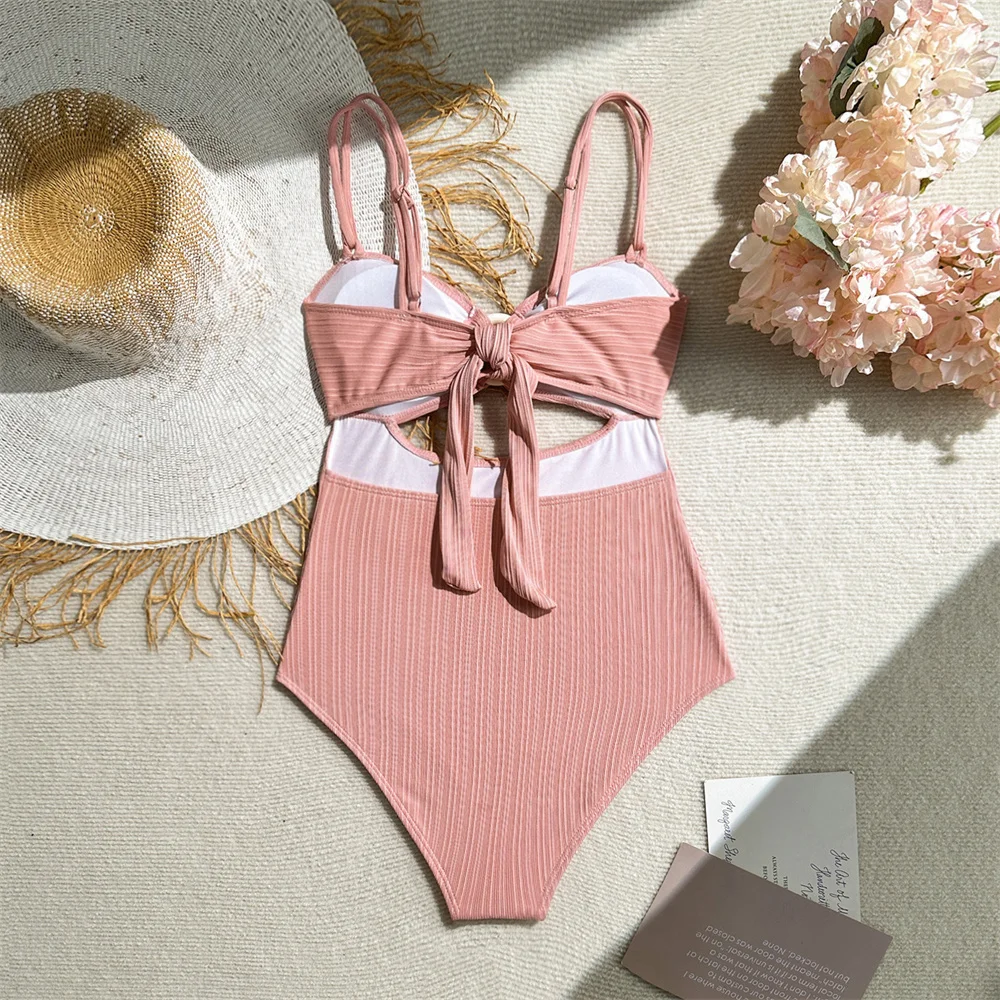 Sexy évider Bikini pansement anneau Monokini femmes noué maillot de bain vacances maillots de bain côtelé plage tenue maillot de bain