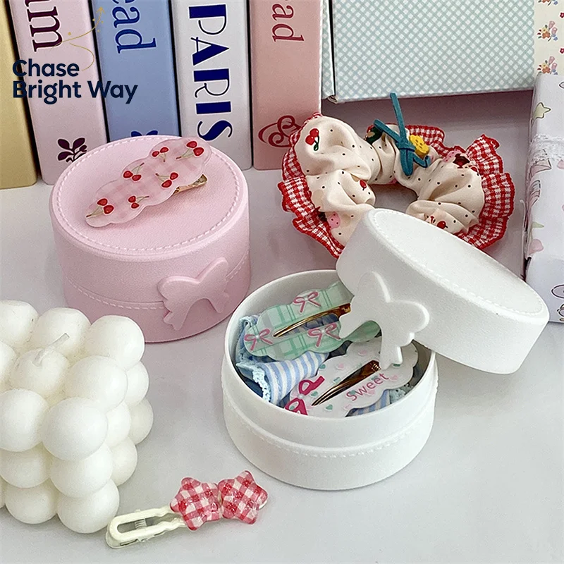 Cute Cartoon Bow Pony Round Ring Earrings Box Luxury Dustproof Hair Accessories Packaging Display Box Portable Storage Box