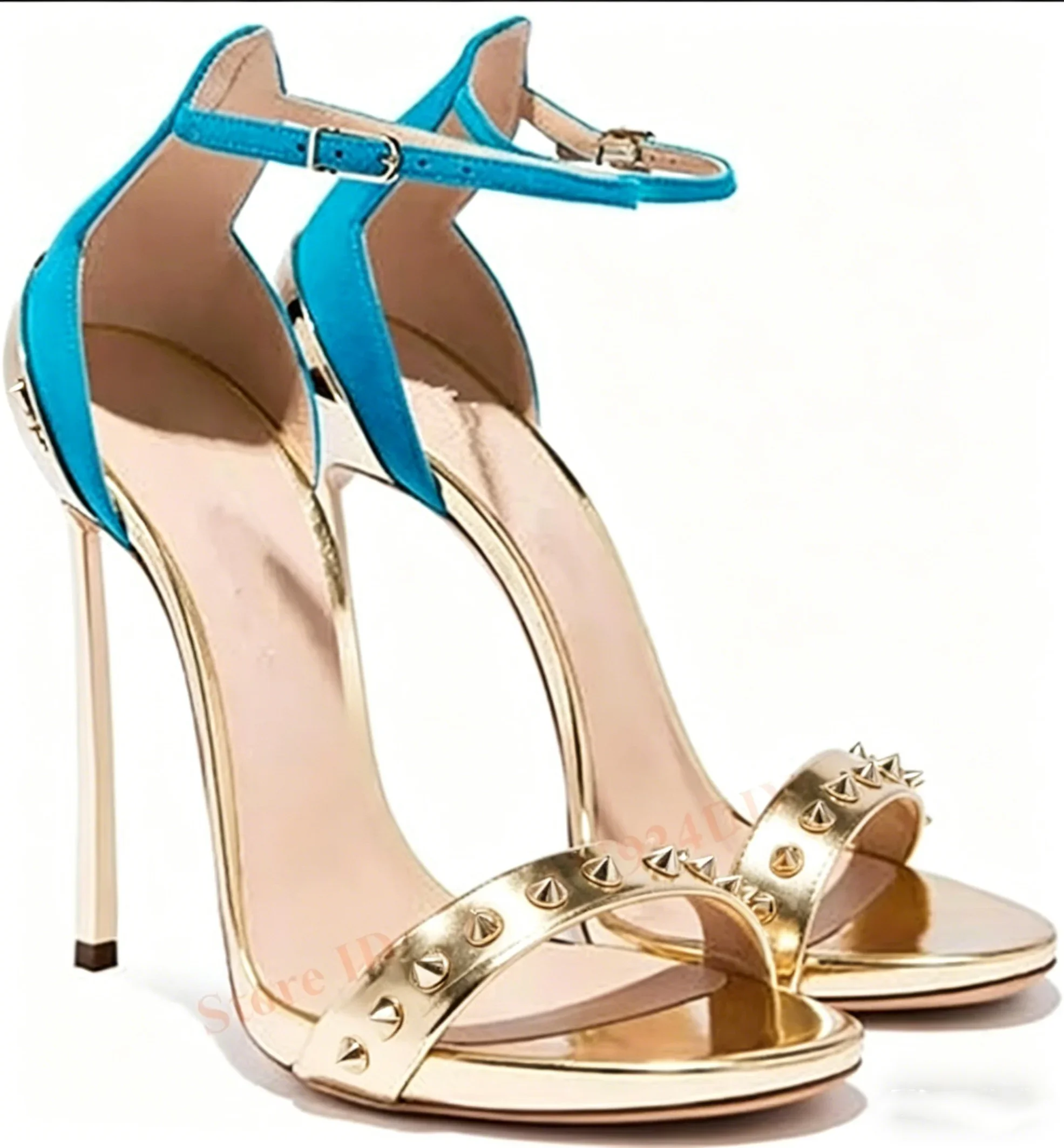 Women's Mixed Color Blue with Gold Leather Blade Heeled Ankle Strap Stiletto Heel Sandals Stiletto Thin High Heel Women Shoe