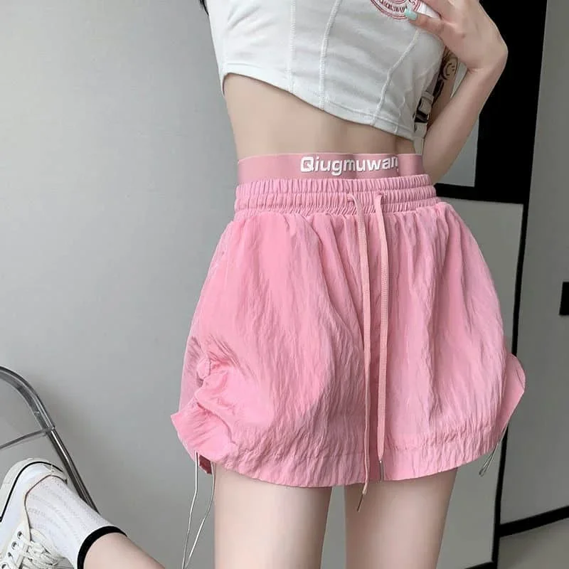 

Pop Shorts For Women Summer Casual Straight Short Pants Retro Solid Korean Style Drawstring Elastic Waist Streetwear Women Cloth