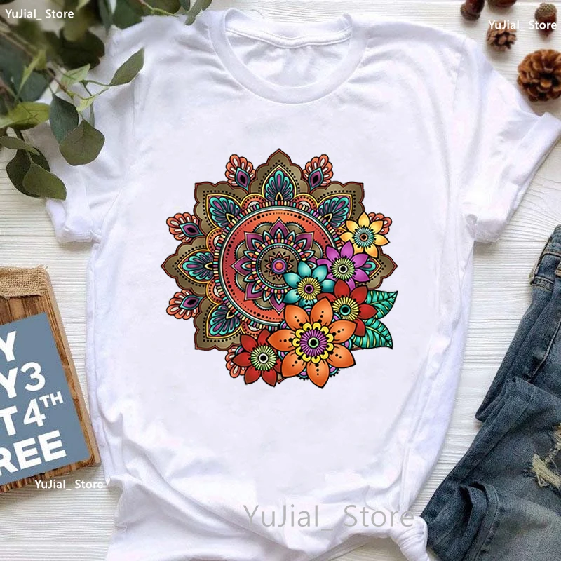 Colorful Datura Print T Shirt Women Meditation Breathe Funny Tshirt Girls Yoga Posture Lotus T-Shirt Femme Harajuku Shirt