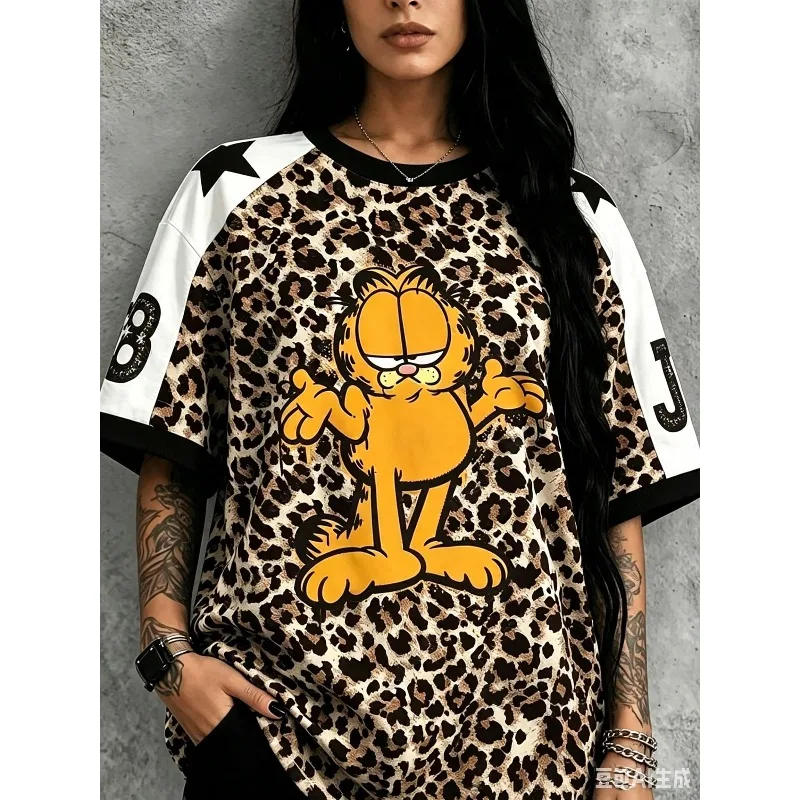 Women Garfield Cartoon Print Loose T-Shirt Vintage Color Block Football Jersey Top Y2K Streetwear Tee for Girls Multiple Styles