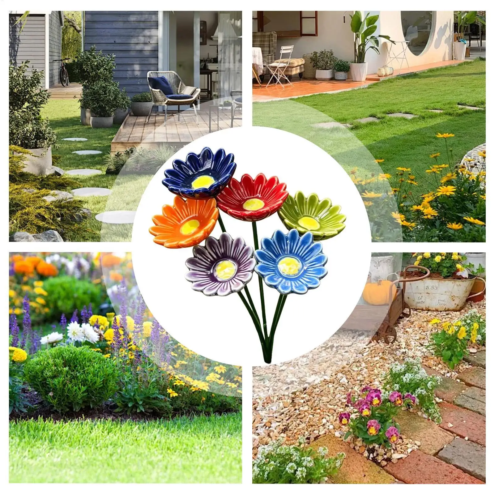 6Pcs Ceramic Bee Watering Station, Flower Shaped Bird Bath & Butterfly Feeder, Pollinator Garden Decor for Yard Lawn Patio view 5