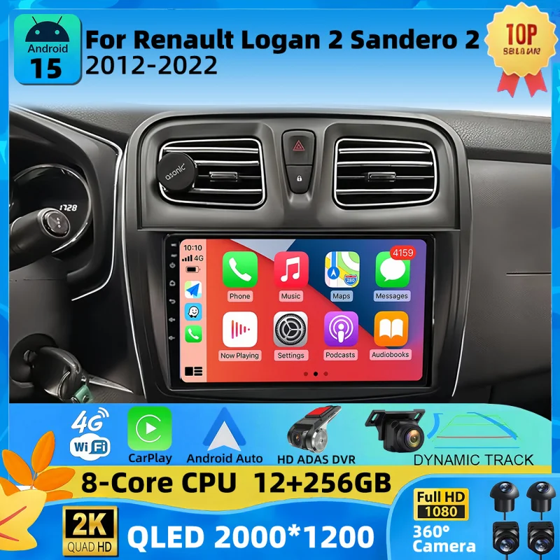 Android 15 For Renault Logan 2 2012 - 2022 Sandero 2 2013 -2022 2K QLED Stereo Car Radio Multimedia Video Player GPS 4G CarPlay