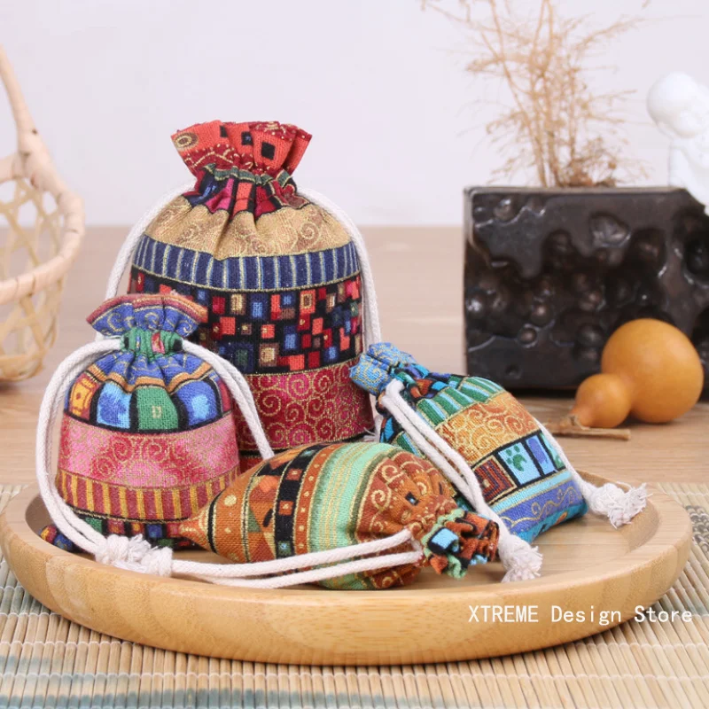 1PC Ethnic Style Cotton Linen Drawstring Pocket Bag Buddhist Beads Storage Bag Jewelry Coin Purse Bag Small Things Sorting Bags