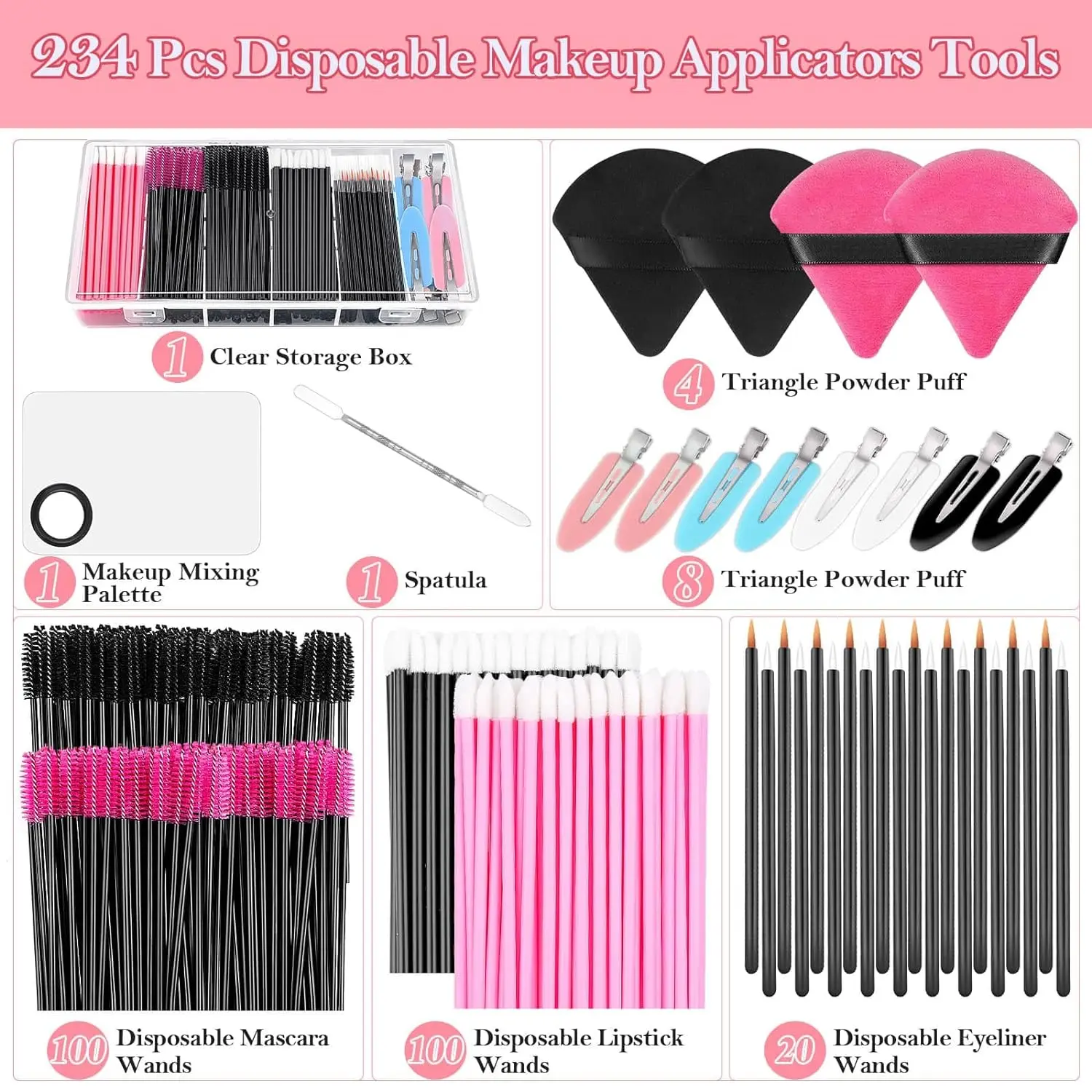 234 Piece Makeup Kit Including Plastic Storage Storage Box, Hair Clip, Eyeliner Brush, Eye Black Stick and Lipstick Applicator