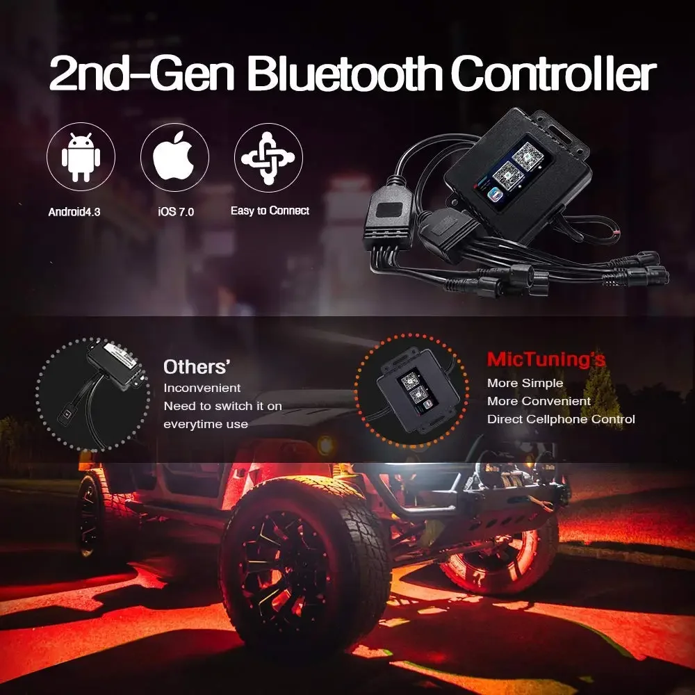 2nd-Gen RGB LED Rock Lights with Bluetooth Controller, Timing Function, Music Mode - 8 Pods Multicolor Neon UTV LED Light Kit