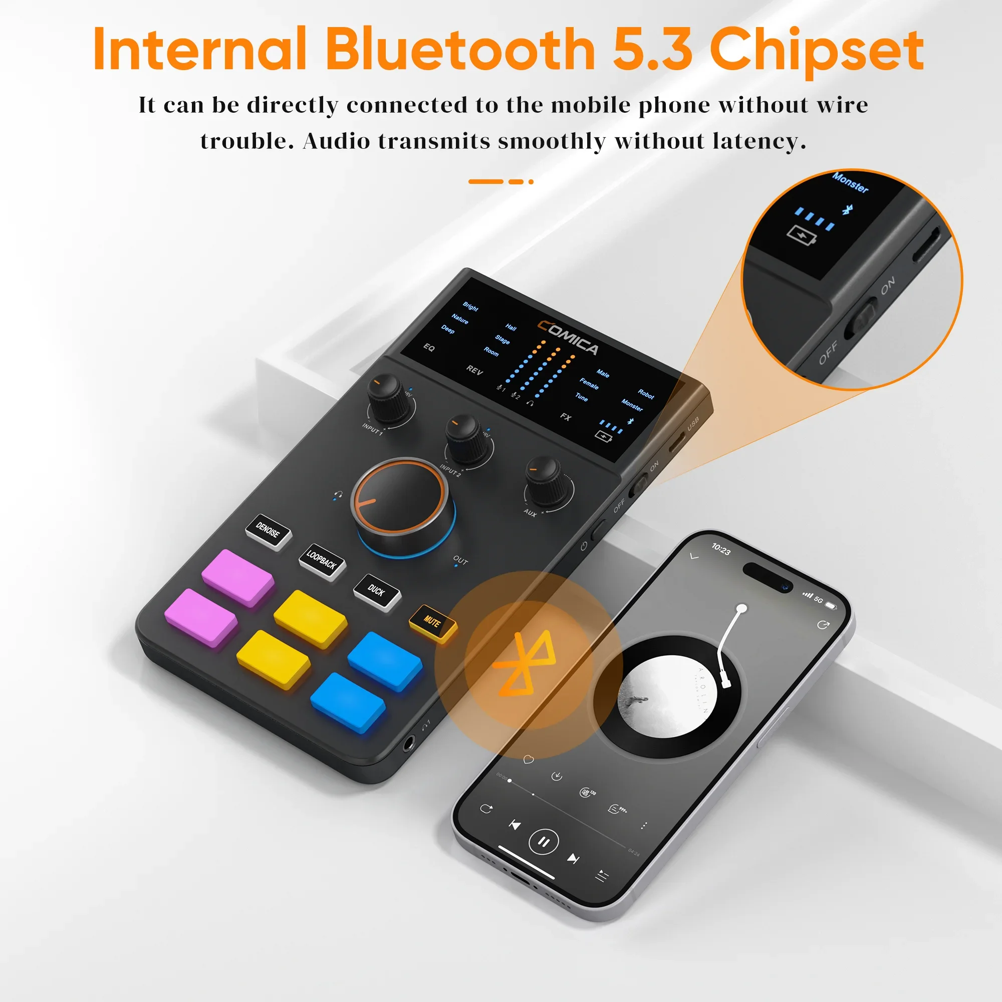 Interface de áudio Comica ADCaster C1, conexão Bluetooth para streaming/jogos/podcasting, placa de som para iMAC iPhone Android