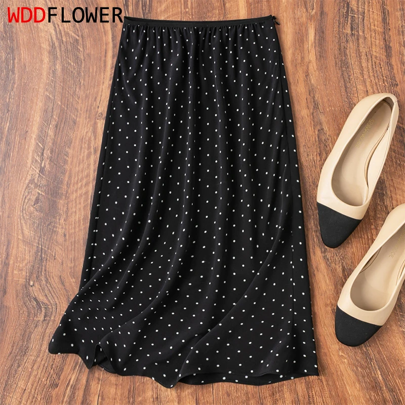 

100% Mulberry Silk Black Polka Dots Mid-Length Skirt Versatile Women Straight Skirt M1610