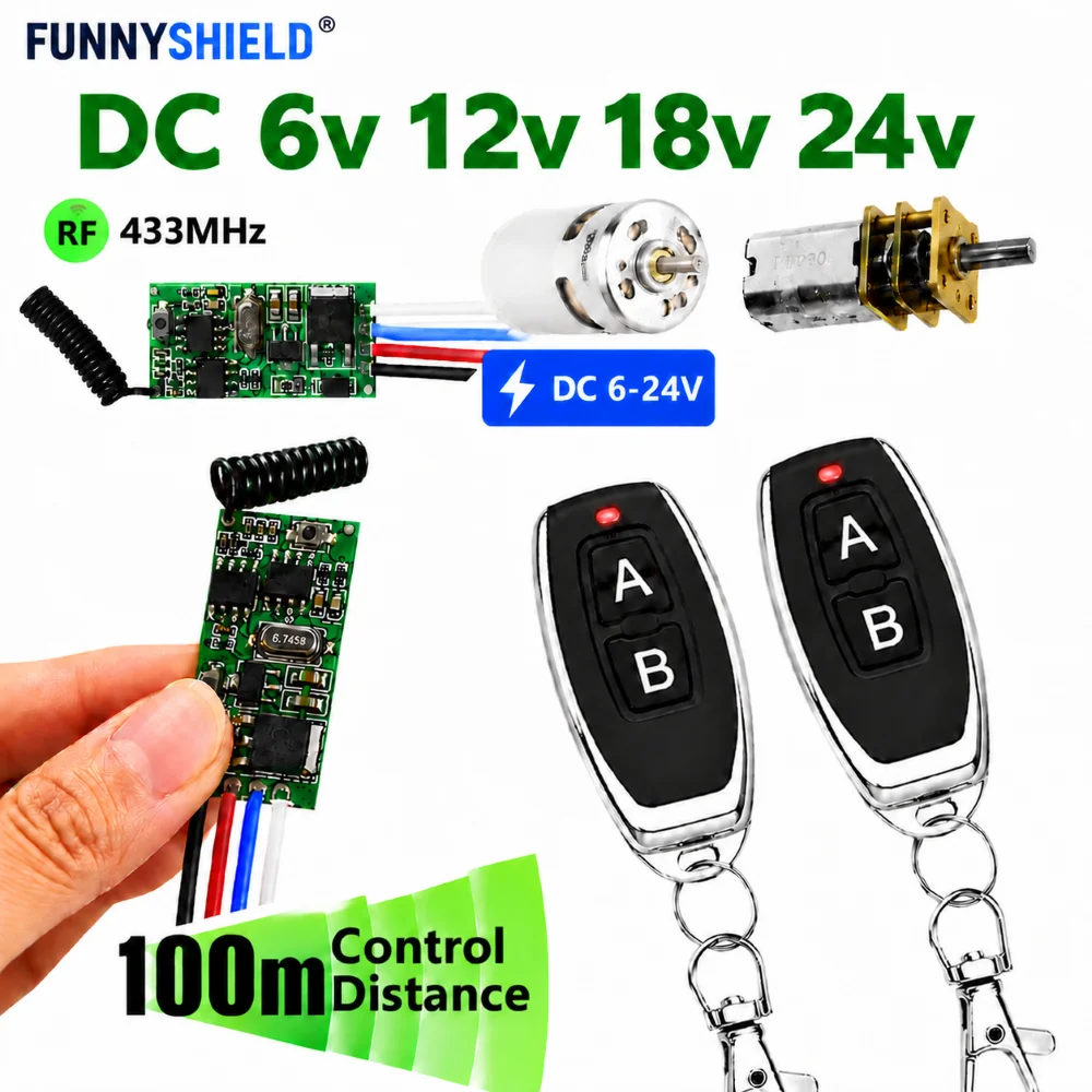 FUNNYSHIELD DC 6V 12V 18V 24V Remote Control Switch RF 433MHz Mini Relay Module 100m Transmitter for Motor Forwards Reverse Stop