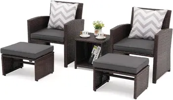 5-Piece Patio Conversation Set with Cushions, Brown Wicker Chairs and Ottoman, Storage Table for Backyard Garden Porch