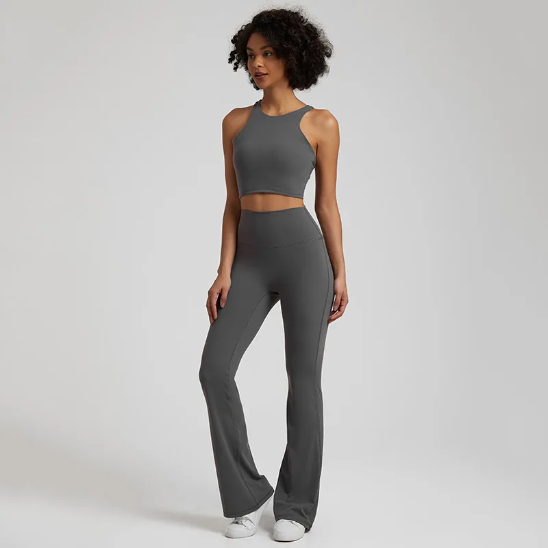 Fitness Clothing Top Women's Tracksuit Gym Sportswear Set Yoga Kit Overalls Outdoor Nude Tight Ribbed Bra Wide Leg Pants